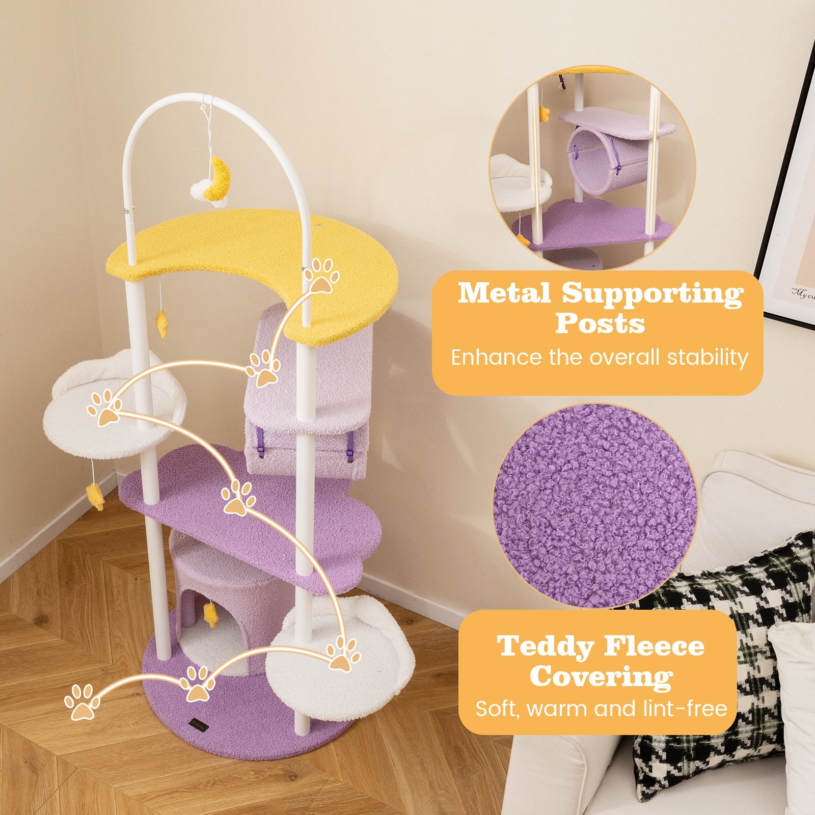62 Inches Large Cat Tower with Metal Frame and Jumping Platforms-Purple
